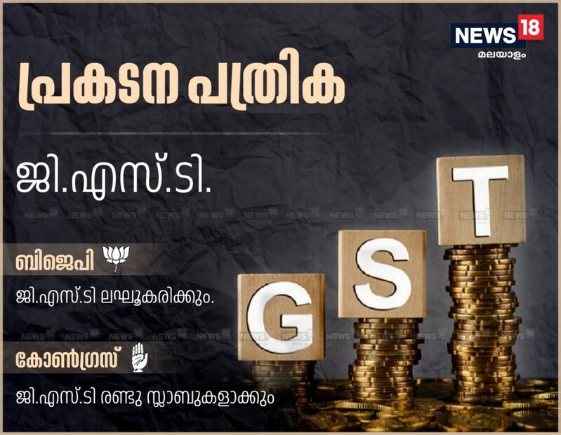  ജി.എസ്.ടി ലഘൂകരിക്കുമെന്നാണ് ബി.ജെ.പി വാഗ്ദാനം. ജി.എസ്.ടി രണ്ടു സ്ലാബുകളാക്കി ലഘൂകരിക്കുമെന്ന വാഗ്ദാനമാണ് കോണ്‍ഗ്രസ് മുന്നോട്ടു വയ്ക്കുന്നത്.