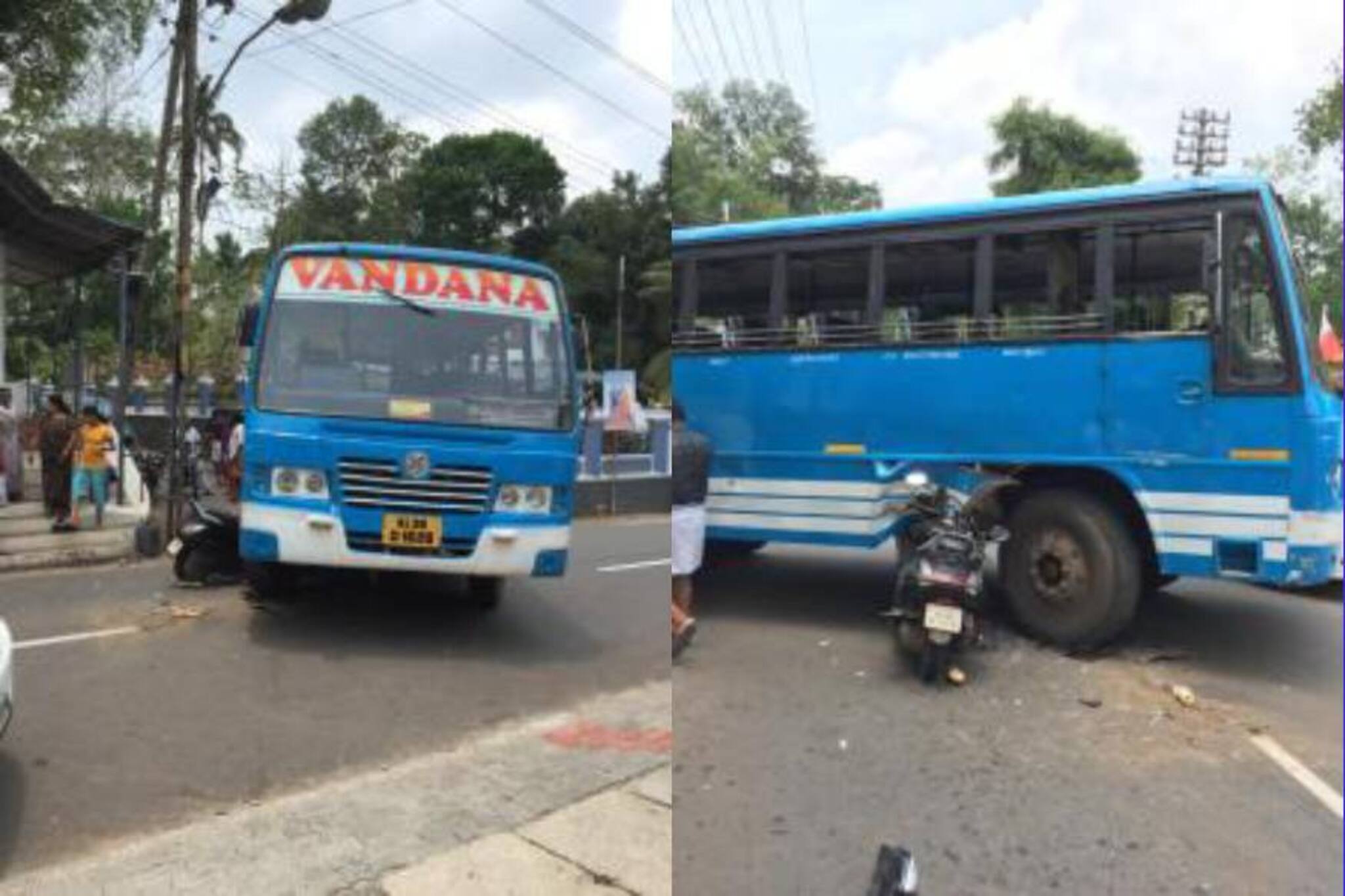 സ്കൂട്ടർ ബസിനടിയിലേക്ക് ഇടിച്ചുകയറി; നാലംഗ കുടുംബം അത്ഭുതകരമായി രക്ഷപെട്ടു