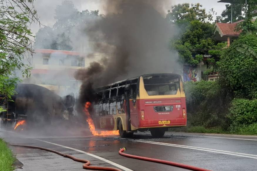 BREAKING: കൊട്ടാരക്കരയിൽ അപകടത്തിൽപ്പെട്ട KSRTC ബസ് കത്തി