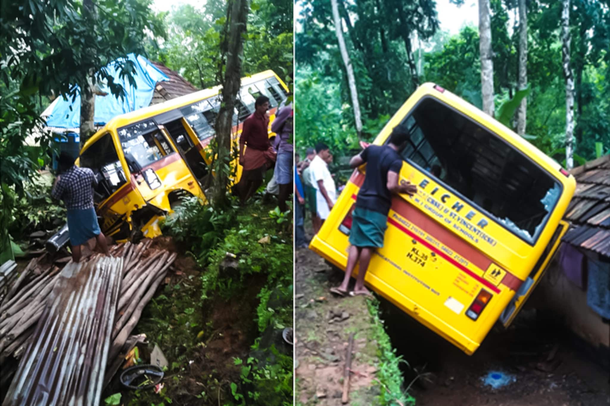 VIDEO: പാലായില്‍ സ്വകാര്യ സ്‌കൂള്‍ ബസ് നിയന്ത്രണം വിട്ട് വീടിനു മുകളിലേക്ക്