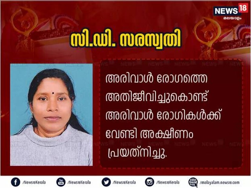  സി.ഡി. സരസ്വതി- അരിവാൾ രോഗാവസ്ഥയിലായ സരസ്വതി പലപ്പോഴും കഠിന വേദന കടിച്ചമർത്തിയാണ് കൂടെയുള്ള രോഗബാധിതർക്ക് തണലായത്. വയനാട് മാനന്തവാടി വെമം അരമംഗലം വീട്ടിലെ സി.ഡി. സരസ്വതി രണ്ട് പതിറ്റാണ്ടായിഅരിവാള്‍രോഗത്തെ അതിജീവിച്ചുകൊണ്ടാണ് അരിവാള്‍ രോഗികള്‍ക്ക് വേണ്ടി വിശ്രമമില്ലാതെ പ്രയത്‌നിച്ചു കൊണ്ടിരിക്കുന്നത്