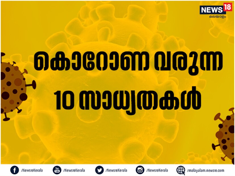  കൊറോണ വൈറസ് എങ്ങനെയൊക്കെ പിടിപെടാം? ഇതുസംബന്ധിച്ച് ലോകാരോഗ്യസംഘടന നൽകിയ മുന്നറിയിപ്പ് ശ്രദ്ധിക്കുക. ബാങ്ക് നോട്ടുകൾ മുതൽ എസ്കലേറ്ററുകളിലും സ്റ്റെയർകേസുകളിലെയും ഹാൻഡ്റെയിൽസ്, വിമാനങ്ങളിലെ സീറ്റുകൾ അങ്ങനെ പല മാർഗങ്ങളിൽ നാം അറിയാതെ കൊറോണ വൈറസ് ബാധിക്കും. ഇവിടെയിതാ, കൊറോണ പിടിപെടാൻ സാധ്യതയുള്ള 10 വഴികൾ ഏതൊക്കെയാണെന്ന് നോക്കാം...