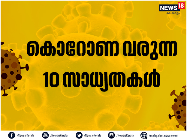  കൊറോണ വൈറസ് എങ്ങനെയൊക്കെ പിടിപെടാം? ഇതുസംബന്ധിച്ച് ലോകാരോഗ്യസംഘടന നൽകിയ മുന്നറിയിപ്പ് ശ്രദ്ധിക്കുക. ബാങ്ക് നോട്ടുകൾ മുതൽ എസ്കലേറ്ററുകളിലും സ്റ്റെയർകേസുകളിലെയും ഹാൻഡ്റെയിൽസ്, വിമാനങ്ങളിലെ സീറ്റുകൾ അങ്ങനെ പല മാർഗങ്ങളിൽ നാം അറിയാതെ കൊറോണ വൈറസ് ബാധിക്കും. ഇവിടെയിതാ, കൊറോണ പിടിപെടാൻ സാധ്യതയുള്ള 10 വഴികൾ ഏതൊക്കെയാണെന്ന് നോക്കാം...