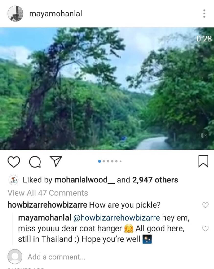  ഈ ലോക്ക്ഡൌൺ നാളുകളിൽ താൻ തായ്‌ലൻഡിൽ സുരക്ഷിതയാണെന്നു പറഞ്ഞ വിസ്മയയുടെ പോസ്റ്റാണിത്. ഇവിടെയും നിറഞ്ഞു നിൽക്കുന്നത് പ്രകൃതി മനോഹാരിത മാത്രം