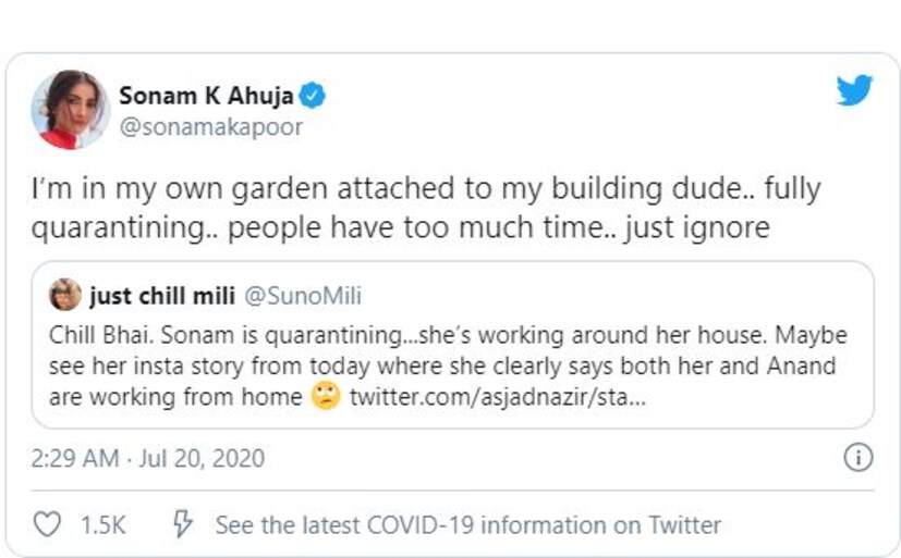  എന്നാൽ വിമർശനങ്ങൾക്ക് സോനം തന്നെ നേരിട്ട് മറുപടിയുമായെത്തി. താമസിക്കുന്ന കെട്ടിടത്തിനോട് ചേർന്നുള്ള സ്വന്തം പൂന്തോട്ടത്തിലാണ് താനിരിക്കുന്നതെന്നാണ് സോനം മറുപടിയായി പറഞ്ഞത്. പൂർണ്ണമായും ക്വറന്‍റീനിൽ തന്നെയാണെന്നും താരം വ്യക്തമാക്കുന്നു. 