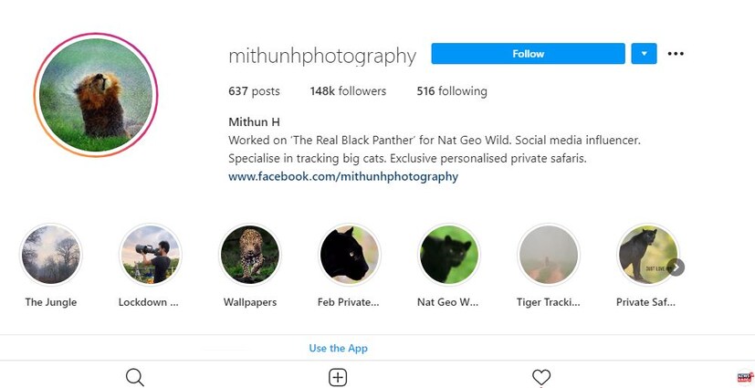  നാറ്റ് ജിയോ വൈൾഡിനായി ‘The Real Black Panther’ എന്ന പ്രോഗ്രാമിന് വേണ്ടി പ്രവർത്തിച്ച ആളാണ് മിഥുൻ എന്നാണ് അദ്ദേഹത്തിന്‍റെ ഇന്‍സ്റ്റ ബയോയിൽ കുറിച്ചിരിക്കുന്നത്.