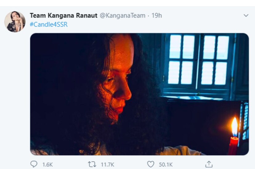  മെഴുകുതിരി കത്തിച്ച് കങ്കണ പ്രതിഷേധത്തിന് ഐക്യദാർഢ്യം പ്രഖ്യാപിച്ചതായാണ് സൂചനകൾ. ടീം കങ്കണ എന്ന ട്വി റ്റർ പേജില്‍ കങ്കണ മെഴുകു തിരി കത്തിക്കുന്ന ചിത്രവും പങ്കുവെച്ചിട്ടുണ്ട്. അതേസമയം ഇത് അണ്‍വെരിഫൈഡ് ട്വിറ്റർ അക്കൗണ്ട് ആണ്. #Candle4SSR എന്ന ഹാഷ് ടാഗിലാണ് ചിത്രം പങ്കുവെച്ചിരിക്കുന്നത്.