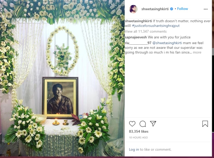  സത്യം പ്രശ്‌നമല്ലെങ്കിൽ, ഒന്നും സംഭവിക്കില്ല- എന്നു കുറിച്ചുകൊണ്ടാണ് ശ്വേത സുശാന്തിന് നീതി ആവശ്യപ്പെട്ടിരിക്കുന്നത്. ജൂൺ 14ന് സുശാന്തിന്റെ മരണ ശേഷം വീട്ടിൽ വെച്ച അദ്ദേഹത്തിന്റെ ചിത്രത്തിനൊപ്പമാണ് ശ്വേതയുടെ കുറിപ്പ്.