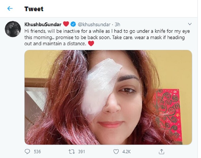 Khushbu Sundar under goes surgery for her right eye and here is the details