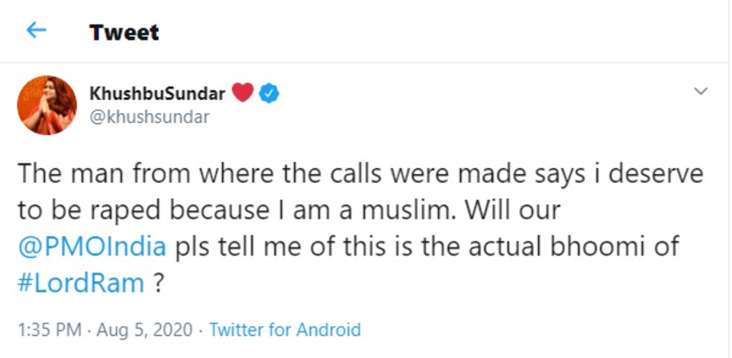  മുസ്ലിം ആയതിനാൽ താൻ പീഡിപ്പിക്കപ്പടേണ്ടവളാണെന്നാണ് ഭീഷണി മുഴക്കിയയാൾ ഫോണിലൂടെ പറഞ്ഞത്. ഇത് രാമഭൂമി തന്നെയാണോ? പ്രധാനമന്ത്രി നരേന്ദ്രമോദി പറഞ്ഞുതരുമോ- ഖുശ്ബു ട്വിറ്ററിൽ കുറിച്ചു.