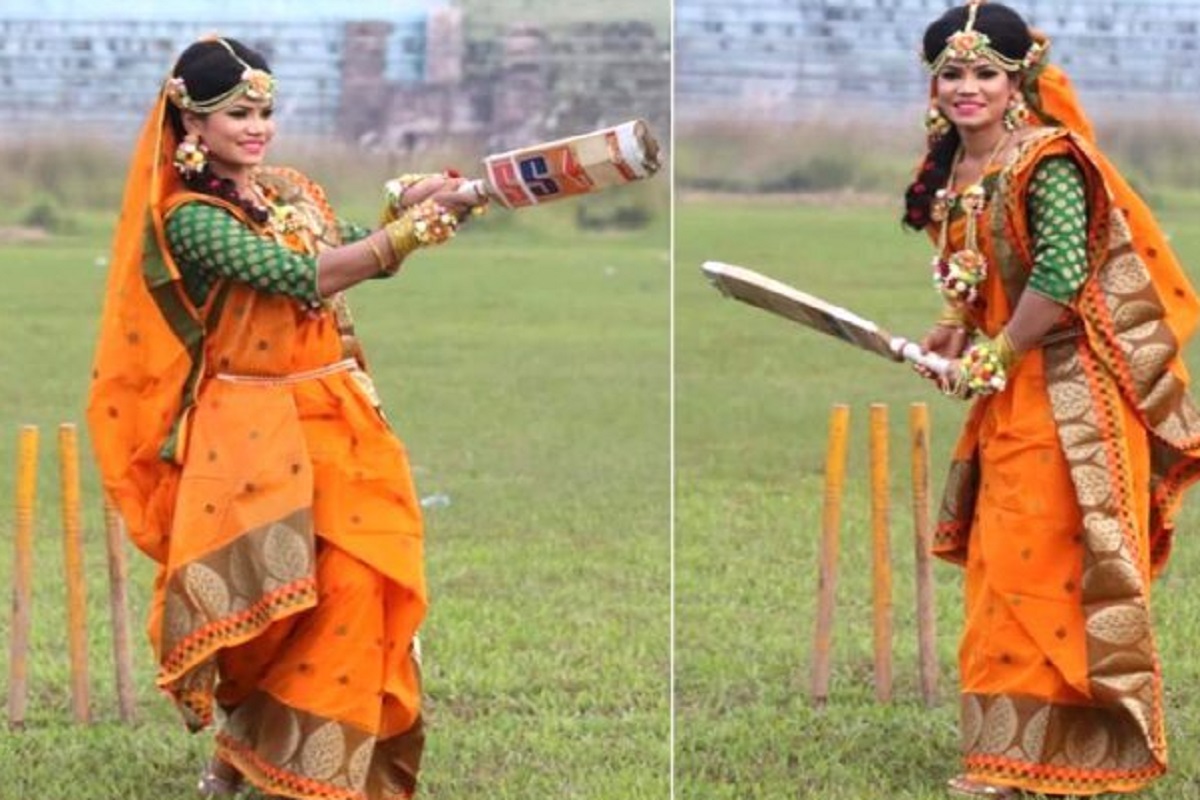 വിവാഹ വേഷത്തിൽ ബാറ്റുമായി നവവധു ഗ്രൗണ്ടില്‍