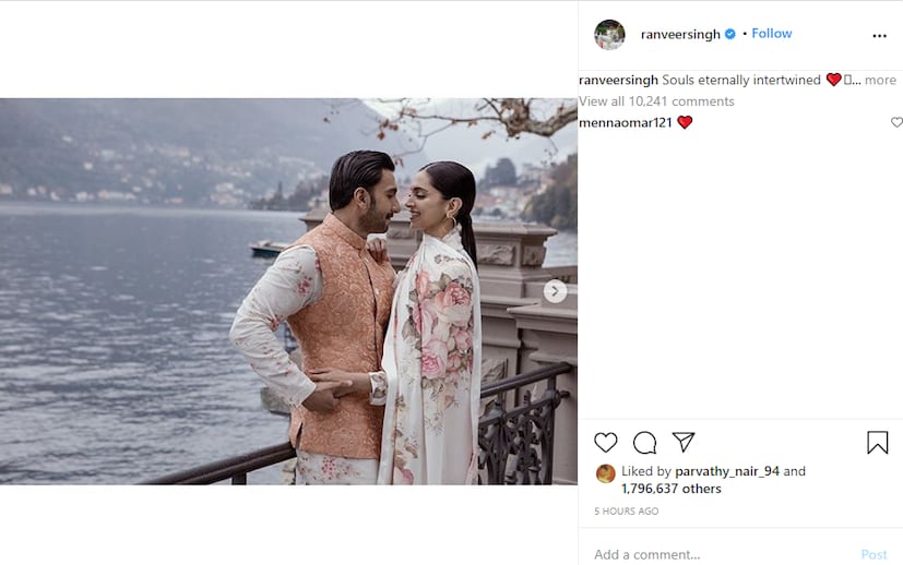  ആത്മാക്കൾ ശാശ്വതമായി പരസ്പരം ബന്ധപ്പെട്ടിരിക്കുന്നു. ഹാപ്പി സെക്കൻഡ് ആനിവേഴ്സറി മേരി ഗുഡിയ'- ദീപികയെ ടാഗ് ചെയ്തുകൊണ്ട് രൺവീർ കുറിച്ചു.
