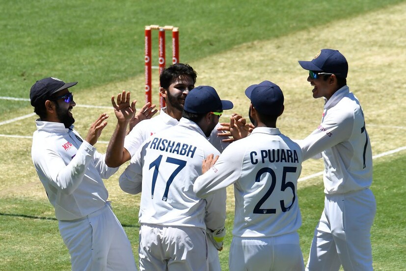 Shardul Thakur celebrates a wicket. 