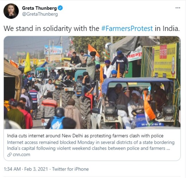  റിഹാനയുടെ കർഷക സമരത്തെ കുറിച്ചുള്ള ട്വീറ്റ് വൈറലായിക്കൊണ്ടിരിക്കുന്നതിനിടയിലാണ് ഗ്രേറ്റയും പിന്തുണ അറിയിച്ച് എത്തയത്. ട്വീറ്റിനൊപ്പം കർഷക സമരത്തെ കുറിച്ചുള്ള സിഎൻഎൻ വാർത്തയും ഗ്രേറ്റ പങ്കുവെച്ചു. പിന്നാലെ മിയ ഖലീഫയും കർഷക സമരത്തിന് പിന്തുണ പ്രഖ്യാപിച്ച് ട്വീറ്റുമായി എത്തി. ഇതോടെ റിഹാനയ്ക്ക് പിന്നാലെ ഗ്രെറ്റ തുൻബെർഗ്, മിയ ഖലീഫ എന്നീ പേരുകളും #Farmersprotest ട്വിറ്ററിൽ ട്രെന്റിങ്ങായി.