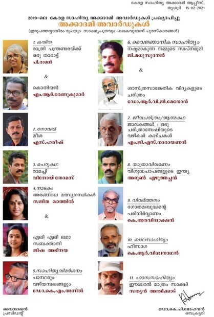  മുപ്പതിനായിരം രൂപയും സാക്ഷ്യപത്രവും പൊന്നാടയും ഫലകവുമാണ് പുരസ്കാരം. മലയാള സാഹിത്യത്തിന് ഗണ്യമായ സംഭാവനകൾ അർപ്പിച്ച 60 വയസ് പിന്നിട്ട എഴുത്തുകാരെയാണ് ഈ പുരസ്കാരത്തിന് പരിഗണിക്കുന്നത്. സാഹിത്യ അക്കാദമിയുടെ 2019 ലെ വിശിഷ്ടാംഗത്വത്തിന് പി.വല്‍സലയും വി.പി.ഉണ്ണിത്തിരിയുമാണ് അര്‍ഹരായത്. 50,000 രൂപയും സ്വര്‍ണ്ണപതക്കവും ഫലകവുമാണ് സമ്മാനം. എന്‍ കെ ജോസ്, പാലക്കീഴ് നാരായണന്‍, പി. അപ്പുക്കുട്ടന്‍, റോസ് മേരി, യു. കലാനാഥന്‍, സി.പി. അബൂബക്കര്‍ എന്നിവര്‍ സമഗ്ര സംഭാവനയ്ക്കുള്ള പുരസ്‌കാരം നേടി.