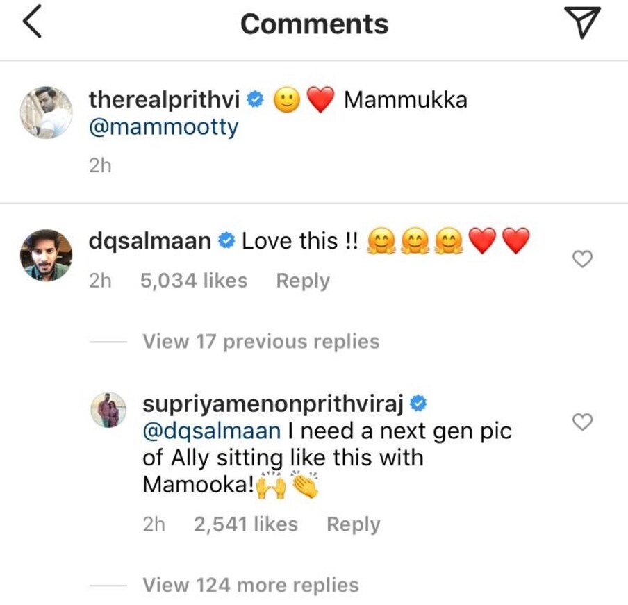  തങ്ങളുടെ മകൾ അല്ലിക്കൊപ്പമുള്ള മമ്മൂട്ടി ചിത്രം കൂടി വേണമെന്നാണ് സുപ്രിയയുടെ കമന്റ്. സിനിമാ കുടുംബത്തിലെ പുതിയ തലമുറയിലെ ഇളമുറക്കാരിക്കൊപ്പം മെഗാസ്റ്റാറിന്റെ ചിത്രം ഉടൻ കാണാനാകുമെന്ന് പ്രതീക്ഷിക്കാം.(Instagram/Prithviraj)
