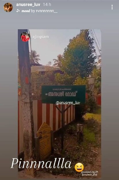  ഇതാണ് അനുശ്രീ റോഡ്. മറ്റൊരാൾ പോസ്റ്റ് ചെയ്ത ചിത്രം തന്റെ ഇൻസ്റ്റഗ്രാം സ്റ്റോറിയിൽ ഇട്ടുകൊണ്ടാണ് അനുശ്രീ, 'അനുശ്രീ റോഡിനെ' പരിചയപ്പെടുത്തുന്നത്. 'പിന്നല്ല' എന്ന് ക്യാപ്‌ഷനും കൊടുത്തിട്ടുണ്ട്