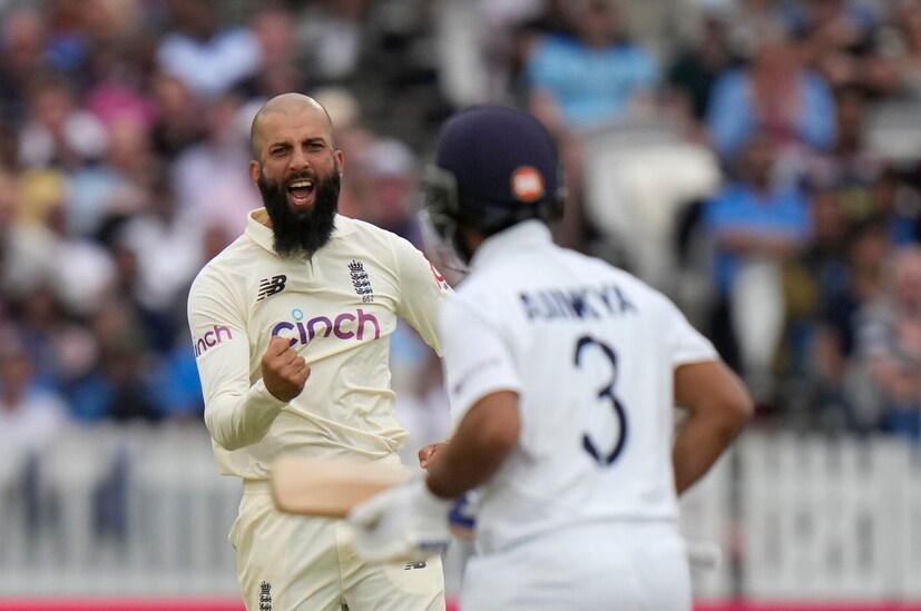 രഹാനെയുടെ വിക്കറ്റ് നേടിയ ശേഷം മോയീന്‍ അലി. (AP)