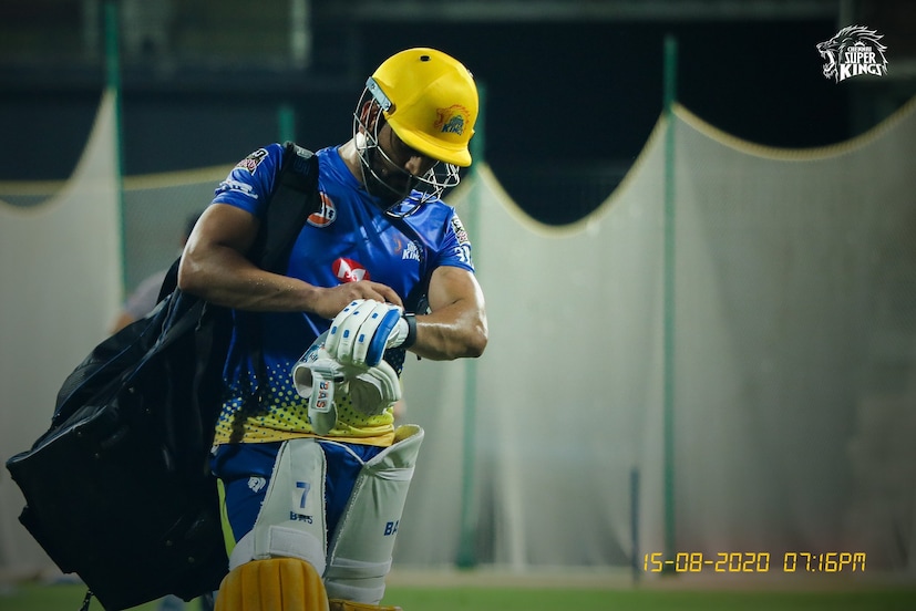 MS Dhoni during a net's session in the UAE. (Twitter)