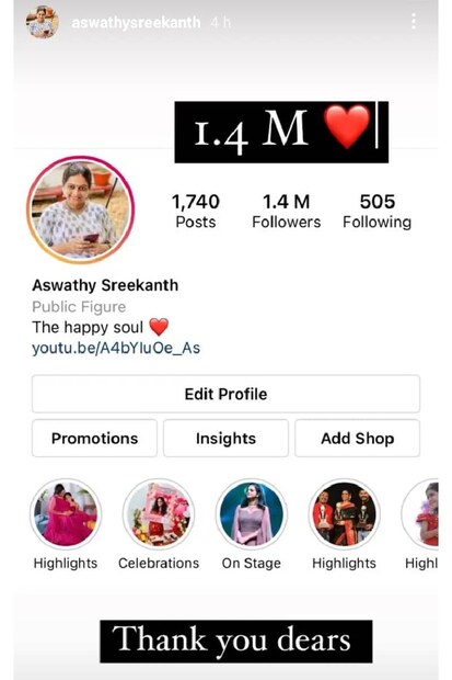  തന്നെ ഈ നേട്ടത്തിന് അർഹയാക്കിയ ഫാൻസിന് അശ്വതി നന്ദി അറിയിച്ചുകൊണ്ടുള്ള ഇൻസ്റ്റഗ്രാം സ്റ്റോറി പോസ്ടാണിത്