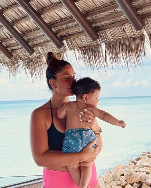 Kareena Kapoor Khan plants a kiss on younger son Jeh. 