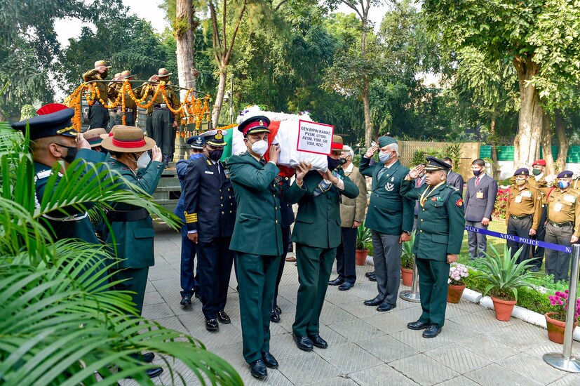Mortal remains of CDS Gen Bipin Rawat, who passed away in an IAF chopper crash near Coonoor in Tamil Nadu on Wednesday, brought to his residence in New Delhi. (PTI)