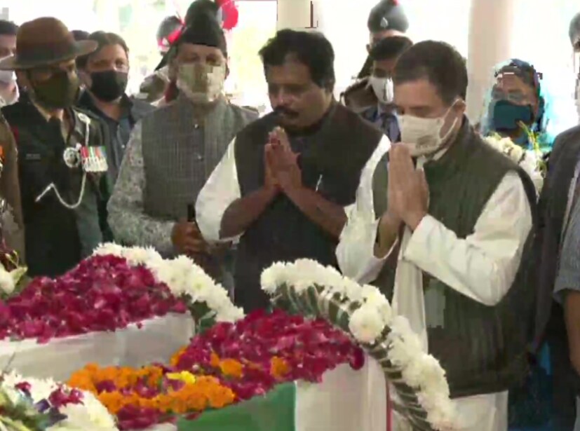 Congress leader Rahul Gandhi pays tributes to CDS General Bipin Rawat, his wife Madhulika Rawat who lost their lives in the IAF chopper crash on Wednesday. (ANI)