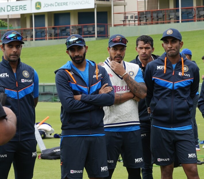 Team India bowlers gather around during India's training session in Centurion