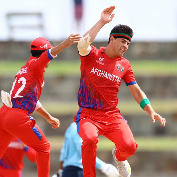 Naveed Zadran of Afghanistan celebrates the wicket of Rehan Ahmed of England during the semifinal of ICC U19 Men's Cricket World Cup 