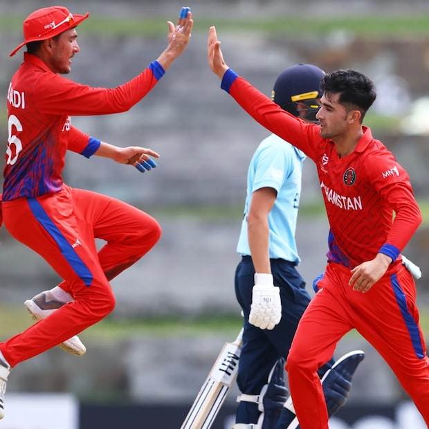 Izharulhaq Naveed of Afghanistan celebrates the wicket of William Luxton of England during the semifinal of ICC U19 Men's Cricket World Cup