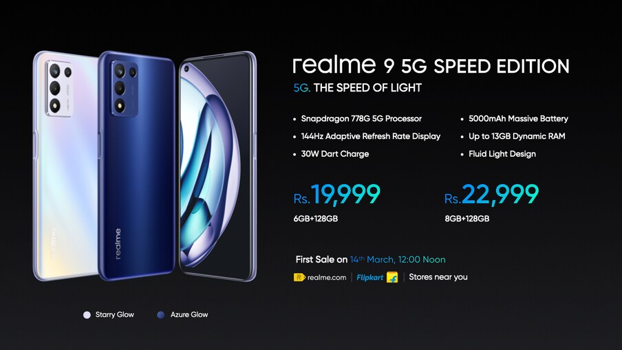  3. RealMe 9SE സ്മാർട്ട്ഫോൺ രണ്ട് വേരിയന്റുകളിൽ പുറത്തിറങ്ങി. 6 ജിബി റാം + 128 ജിബി സ്റ്റോറേജ് വേരിയന്റിന് 19,999 രൂപയും 8 ജിബി റാം + 128 ജിബി സ്റ്റോറേജ് വേരിയന്റിന് 22,999 രൂപയുമാണ് വില. മാർച്ച് 14ന് ഉച്ചയ്ക്ക് 12 മണിക്ക് ഫ്ലിപ്പ്കാർട്ടിൽ വിൽപ്പന ആരംഭിക്കും. ഐസിഐസിഐ ബാങ്ക് ക്രെഡിറ്റ് കാർഡ് ഉപയോഗിച്ച് നടത്തുന്ന വാങ്ങലുകൾക്ക് 2,000 രൂപ തൽക്ഷണ കിഴിവ് ലഭ്യമാണ്. ഔദ്യോഗിക വെബ്‌സൈറ്റിൽ നിന്നും ഓഫ്‌ലൈൻ സ്റ്റോറുകളിൽ നിന്നും ഫോണ്‍ വാങ്ങാനാകും. (ചിത്രം: Realme India)