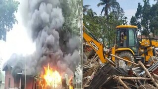 ആൾക്കൂട്ടം പൊലീസ് സ്റ്റേഷന് തീയിട്ടിപ്പോൾ (ഇടത്), പ്രതികളുടെ വീടുകൾ ബുൾഡോസർ കൊണ്ട് ഇടിച്ചുനിരത്തുന്നു (വലത്)