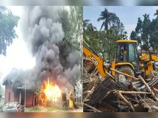 ആൾക്കൂട്ടം പൊലീസ് സ്റ്റേഷന് തീയിട്ടിപ്പോൾ (ഇടത്), പ്രതികളുടെ വീടുകൾ ബുൾഡോസർ കൊണ്ട് ഇടിച്ചുനിരത്തുന്നു (വലത്)