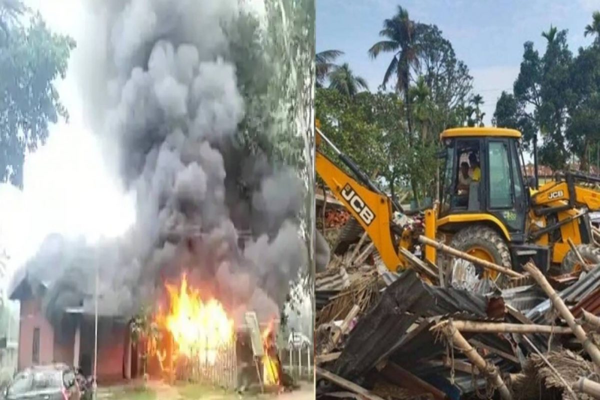 പോലീസ് സ്റ്റേഷന് തീയിട്ടു; പ്രതികളായ അഞ്ച് പേരുടെ വീടുകൾ ബുൾഡോസർ കൊണ്ട് തകർത്തു