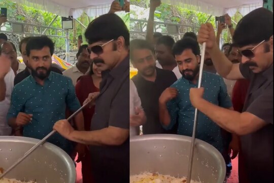 'മമ്മൂക്കയുടെ സിനിമാ ലൊക്കേഷൻ ആണോ, എങ്കിൽ മൂപ്പരുടെ കൈകൊണ്ട് വിളമ്പിയ ബിരിയാണി അത് നിർബന്ധം ആണ്!!' എന്ന കുറിപ്പോടെയാണ് സമൂഹ മാധ്യമത്തിൽ വീഡിയോ പങ്കുവെച്ചത്.