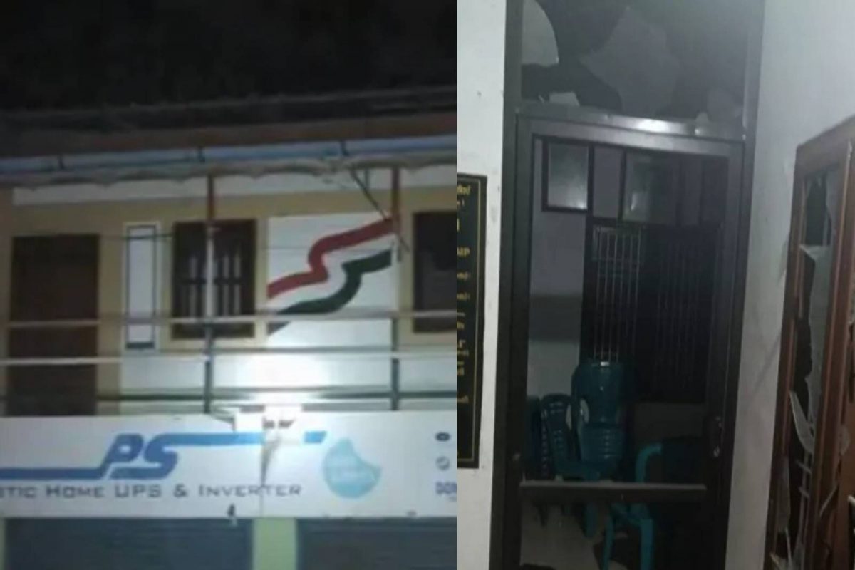 അര്‍ദ്ധരാത്രി 12.55-ഓടെയാണ് സംഭവം. ഓഫീസിന്റെ ജനല്‍ ചില്ലുകളും വാതിലുകളും തകര്‍ന്നു.
