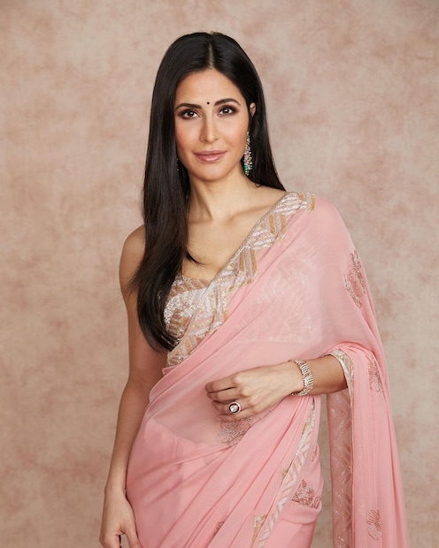 Making a case for desi glamour, Katrina opted for a soft pink saree by Manish Malhotra for her Diwali celebration. (Image: Instagram)