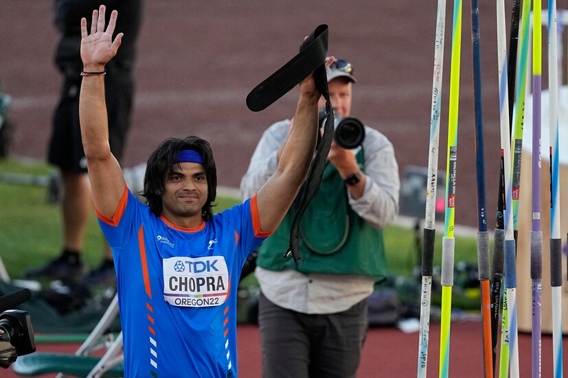 Neeraj Chopra waves after the men's javelin throw final at the World Athletics Championships in the USA (AP Photo)