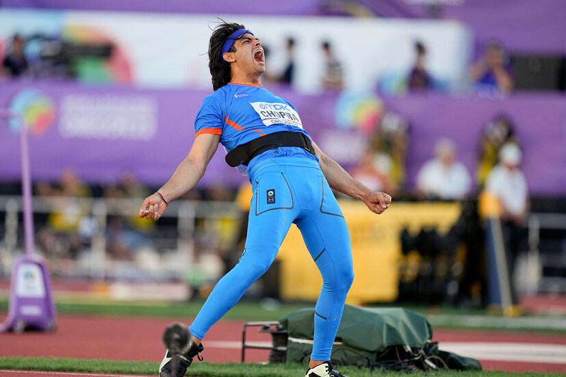 Neeraj Chopra celebrates during the men's javelin throw final at the World Athletics Championships on Saturday (AP Photo)