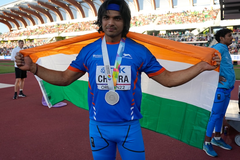 Neeraj Chopra celebrates after clinching silver at the men's javelin throw final at the World Athletics Championships on Saturday (AP Photo)