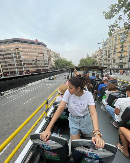 Nayanthara enjoys a bus ride in Barcelona. 