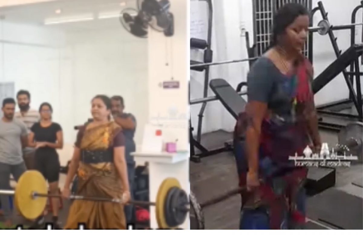 ജിമ്മില്‍ സാരിയുടുത്ത് 56കാരിയുടെ വര്‍ക്കൗട്ട്; കൂട്ടിന് മരുമകളും