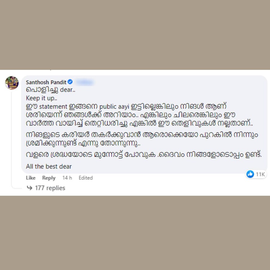  ഉണ്ണിയുടെ പോസ്റ്റിനു കീഴെ പ്രത്യക്ഷപ്പെട്ട സന്തോഷ് പണ്ഡിറ്റിന്റെ കമന്റ്
