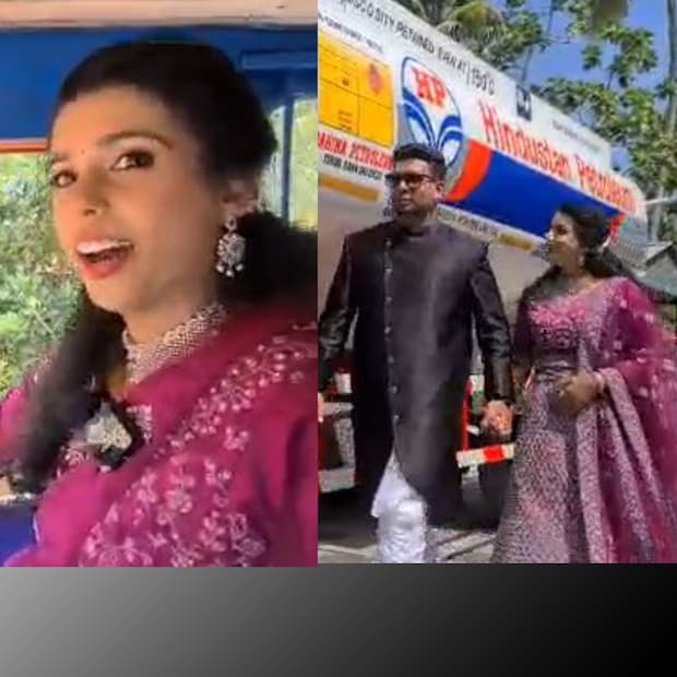  തൃശൂർ: പളളിയിലെ മനസ്സമ്മതത്തിനുശേഷം നവവധു വരനൊപ്പം ഹാളിലേക്ക് ടാങ്കർ ലോറി ഓടിച്ച് എത്തിയത് കൌതുക കാഴ്ചയായി. മണലൂർ വടക്കേ കാരമുക്ക് പൊറുത്തൂർ പള്ളിക്കുന്നത്ത് ഡേവീസ് - ട്രീസാ ദമ്പതികളുടെ മകൾ ഡെലീഷയാണ് കാഞ്ഞിരപ്പിള്ളി ആനക്കൽ മേലോത്ത് പരേതരായ മാത്യൂ - ഏത്തമ്മ ദമ്പതികളുടെ മകൻ ഹേൻസനുമായി മനസ്സമ്മതം കഴിഞ്ഞ് അര കിലോമീറ്റർ ദൂരത്തുള്ള ഹാളിലേക്ക് ടാങ്കർ ലോറി ഓടിച്ചെത്തിയത്‌.