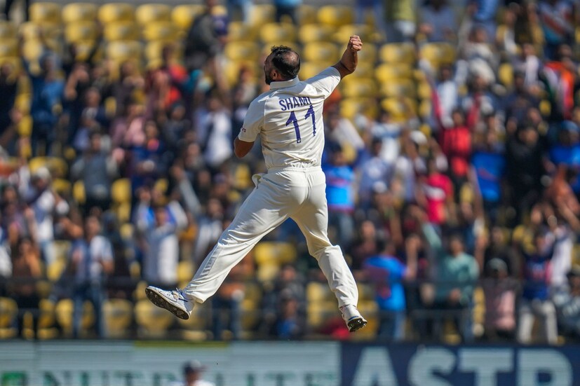 India's Mohammed Shami celebrates the wicket of Australia's David Warner during the first day of the first cricket test match between India and Australia in Nagpur, India, Thursday, Feb. 9, 2023. (AP Photo)