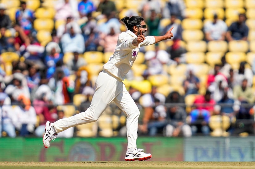 India's Ravindra Jadeja celebrates the wicket of Australia's Steve Smith during the first day of the first cricket test match between India and Australia in Nagpur, India, Thursday, Feb. 9, 2023. (AP Photo)