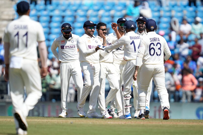 India's Ravindra Jadeja, center, celebrates the wicket of Australia's Marnus Labuschagne with his team during the first day of the first cricket test match between India and Australia in Nagpur, India, Thursday, Feb. 9, 2023. (AP Photo)