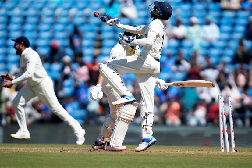 India's wicketkeeper Srikar Bharat, right, celebrates successful stumps dismissal of Australia's Marnus Labuschagne during the first day of the first cricket test match between India and Australia in Nagpur, India, Thursday, Feb. 9, 2023. (AP Photo)