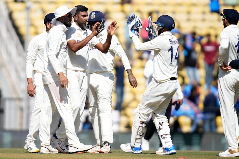 India's Ravichandran Ashwin, second from left, celebrates the wicket of Australia's Alex Carey during the first day of the first cricket test match between India and Australia in Nagpur, India, Thursday, Feb. 9, 2023. (AP Photo)