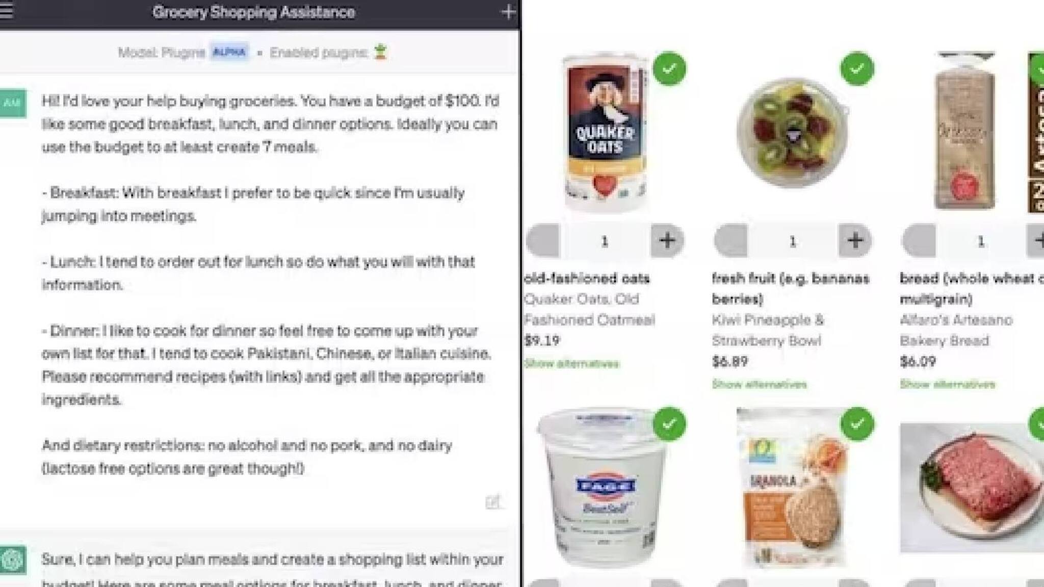 'ബജറ്റിലൊതുങ്ങി, റസിപ്പിയും പറഞ്ഞു തന്നു'; ചാറ്റ് ജിപിടി വഴി പലചരക്ക് സാധനങ്ങൾ വാങ്ങി യുവാവ്